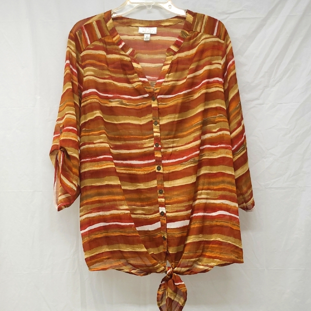 Tunic Top Tie V Neck Long Sleeve Lightweight Orange Tan Button Stripes Bohemian
